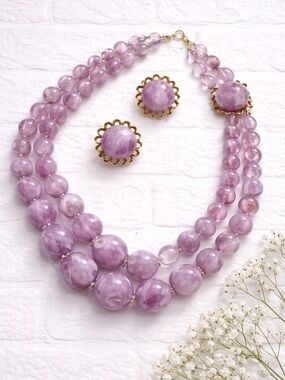 Vintage Lavender Lucite Beaded Necklace & Earring Set Double Strand Gold Tone